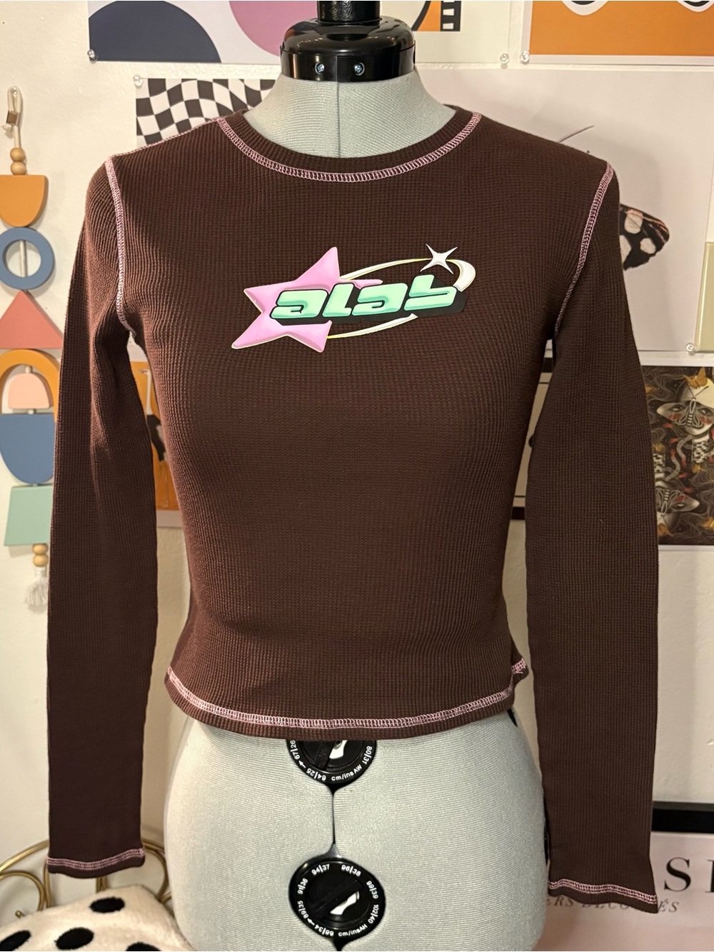 ALAB Y2K Brown Thermal Long Sleeve Contrast Stitch Top Size S